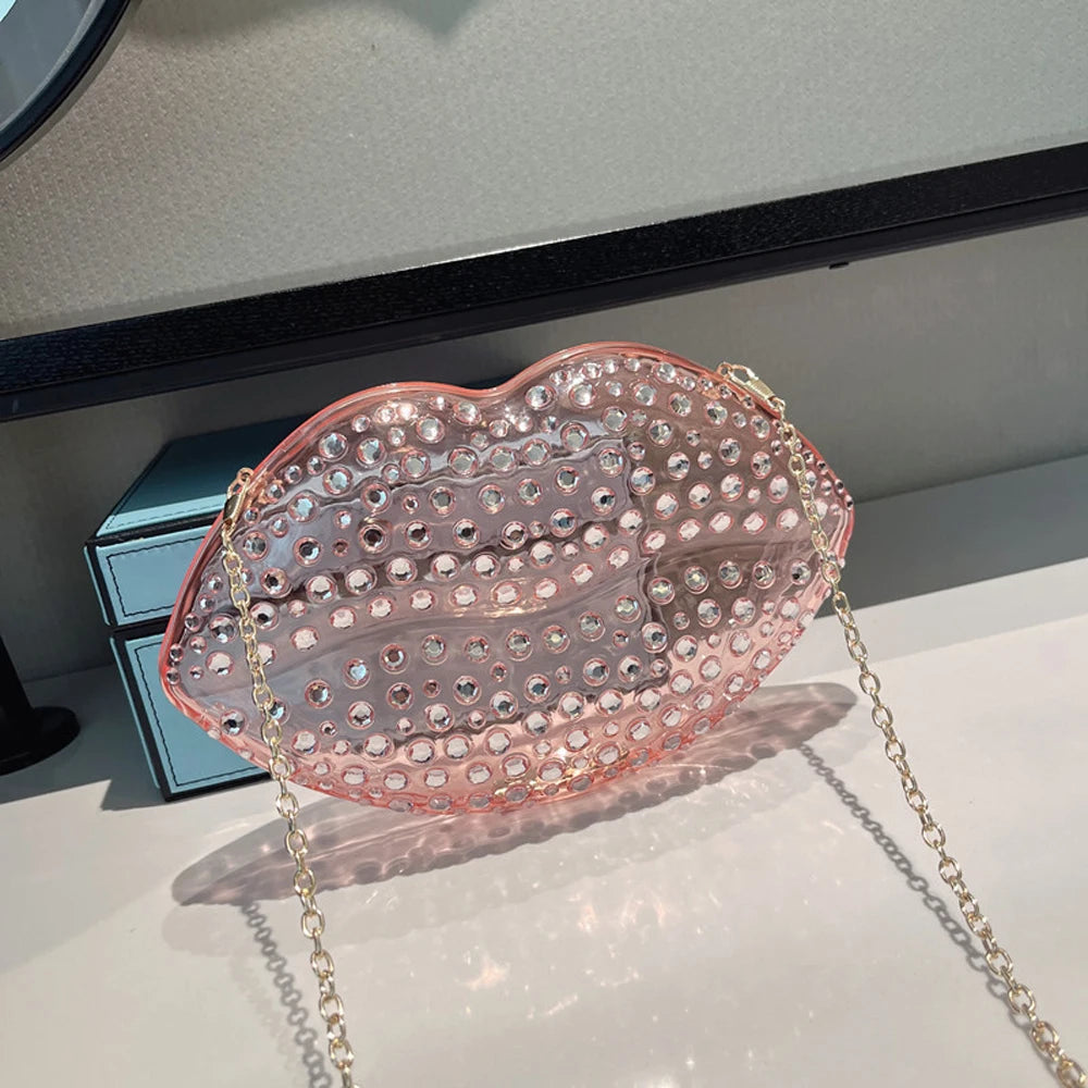 Lip Shape Rhinestones Clutch Bag Clear Acrylic Kiss Purse Luxury Diamond Women Wedding Evening Party Chain Crossbody Handbag