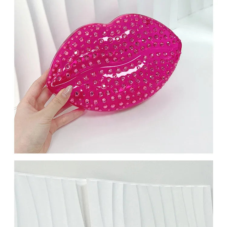 Lip Shape Rhinestones Clutch Bag Clear Acrylic Kiss Purse Luxury Diamond Women Wedding Evening Party Chain Crossbody Handbag