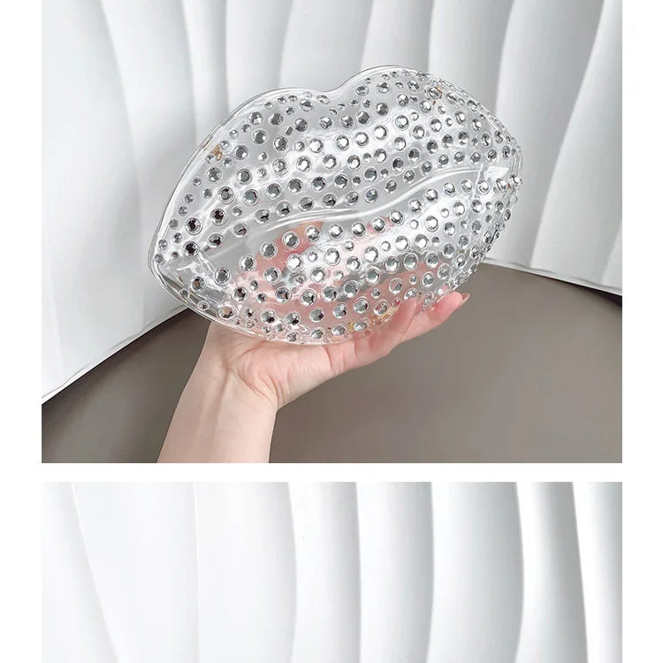 Lip Shape Rhinestones Clutch Bag Clear Acrylic Kiss Purse Luxury Diamond Women Wedding Evening Party Chain Crossbody Handbag