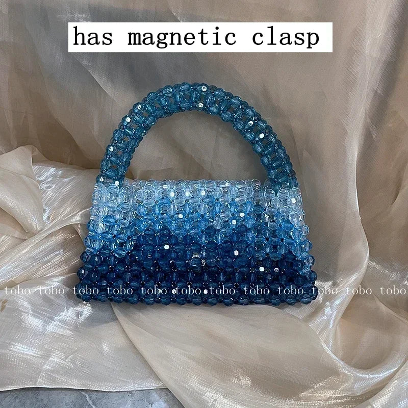 Gradient Blue Beaded Own Design Tote Bags for Women Customized Color Fashion Handbags for 2024 Chain Handle Clutch Evening Bag