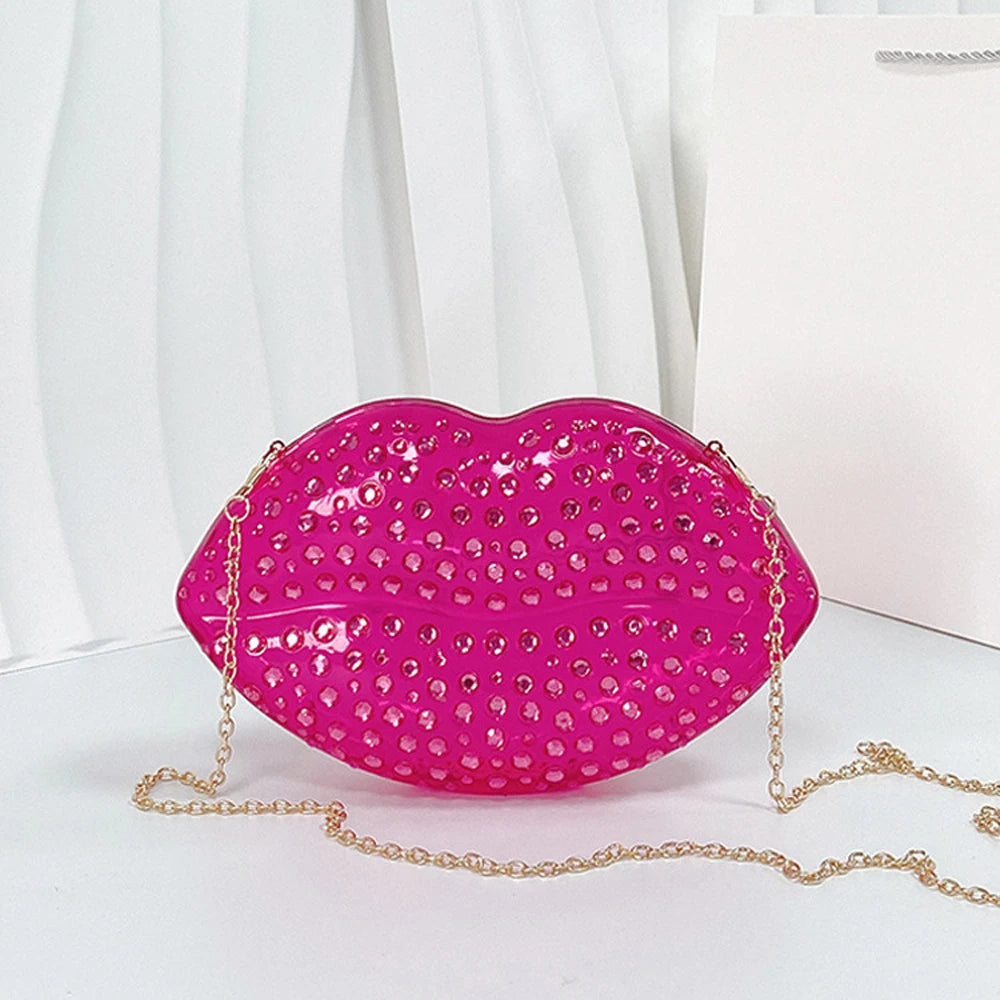 Lip Shape Rhinestones Clutch Bag Clear Acrylic Kiss Purse Luxury Diamond Women Wedding Evening Party Chain Crossbody Handbag