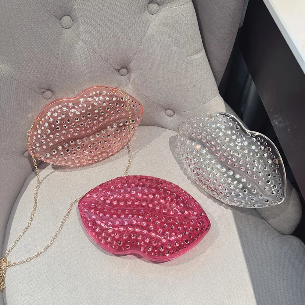 Lip Shape Rhinestones Clutch Bag Clear Acrylic Kiss Purse Luxury Diamond Women Wedding Evening Party Chain Crossbody Handbag