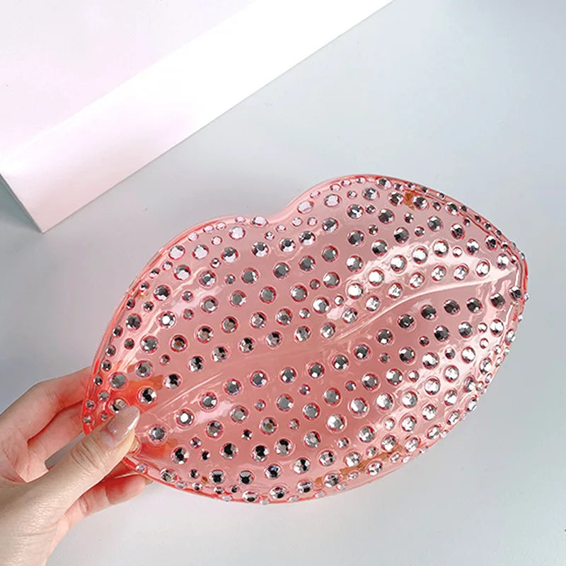 Lip Shape Rhinestones Clutch Bag Clear Acrylic Kiss Purse Luxury Diamond Women Wedding Evening Party Chain Crossbody Handbag