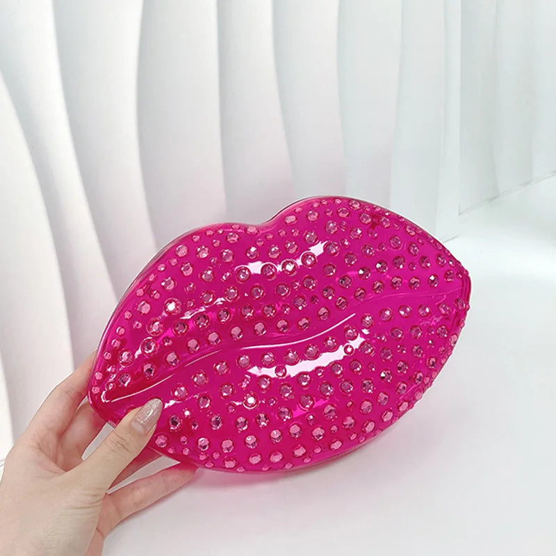 Lip Shape Rhinestones Clutch Bag Clear Acrylic Kiss Purse Luxury Diamond Women Wedding Evening Party Chain Crossbody Handbag